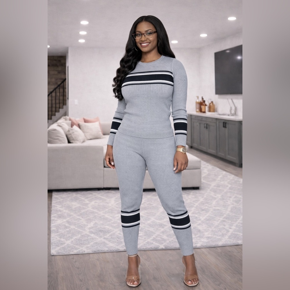Gray and Black Striped Knit Set